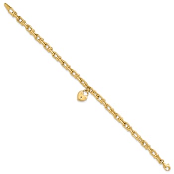 14k Yellow Gold Polished Link with Heart Lock Charm Bracelet