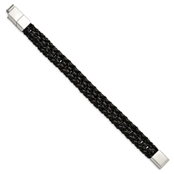 Black Leather and Stainless Steel Polished Black IP-plated with 0.5-inch
Extension Bracelet