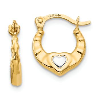 14K Yellow Gold with Rhodium Heart Hollow Hoop Earrings