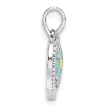 Rhodium Over Sterling Silver Enameled Floral Heart Children's Pendant