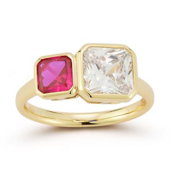 Rachel Zoe Pink and White CZ Two-Stone Ring in 14K Gold Over Sterling Silver