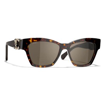Chanel Dark Havana w Leather Arm Detail and "CC" Logo Frame /
Brown Lens Sunglasses