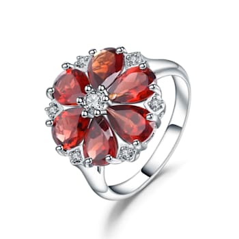 Pear Shape Garnet and Round White Cubic Zirconia Sterling Silver
Blooming Flower Design Ring