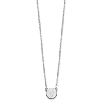 Rhodium Over Sterling Silver Tiny Circle Block Letter V Initial Necklace