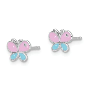 Rhodium Over Sterling Silver Blue/Pink Enamel Butterfly Children's Post Earrings