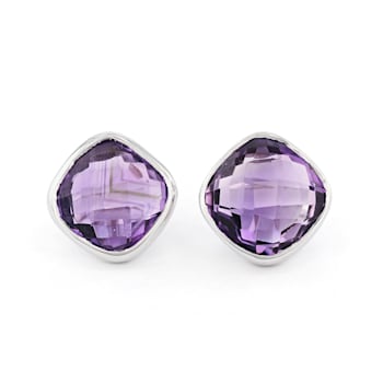 Large Amethyst Square Custsion Stud Earrings In Sterling Silver