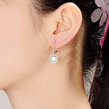 Square CZ Halo Drop Earrings In 14K Gold Over Sterling Silver