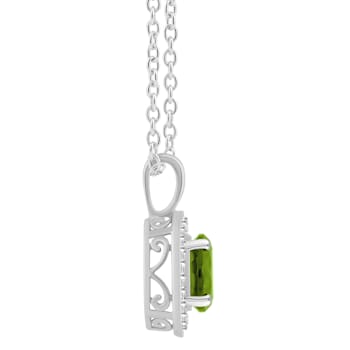 7mm Round Peridot 1/8 ctw Diamond Rhodium Over Sterling Silver Halo
Pendant with Chain
