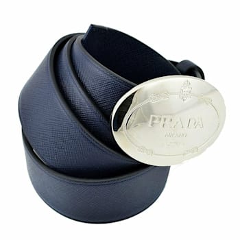 Prada Mens Navy Saffiano Leather Belt Silver Oval Buckle Belt Size 90-36