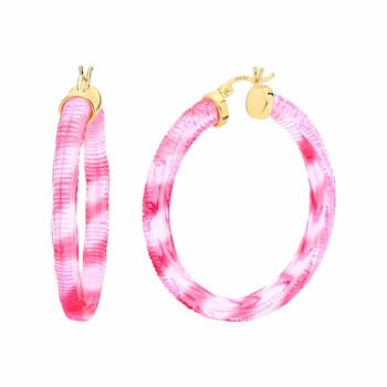 14K Yellow Gold Over Sterling Silver Painted Hoops in Pink Stripe
