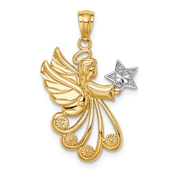 14k Two-tone Gold Textured and Diamond-Cut Angel with a Star Pendant