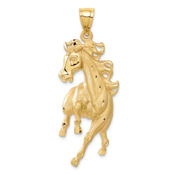 14k Yellow Gold Polished Brushed and Diamond-Cut Horse Pendant