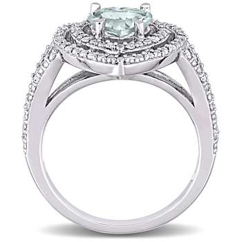 Aquamarine and Diamond 10K White Gold Halo Heart Ring 1.68ctw