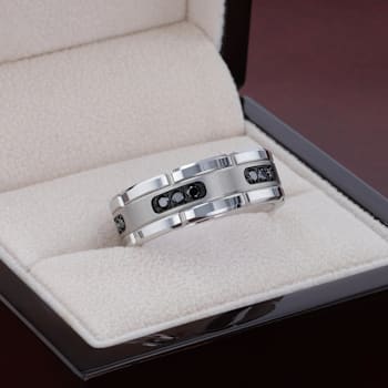 VALOR Grooved Tungsten Ring with Silver Inlay & Black Diamonds - 8mm