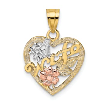 14K Tri-color Gold Number 1 WIFE In Heart with Flower Charm