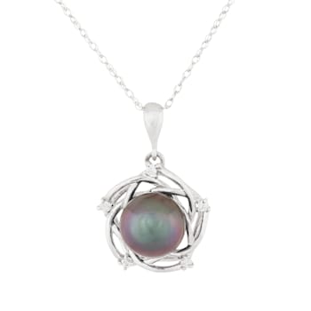 Black Cultured Tahitian Pearl and Diamond 14K White Gold Pendant 8-9mm