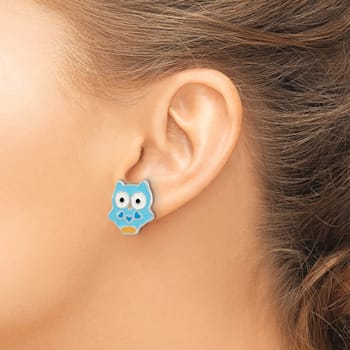 Rhodium Over Sterling Silver Enamel Blue Owl Children's Post Earrings