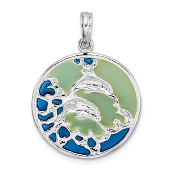Rhodium Over Sterling Silver Polished Enameled Dolphins Pendant