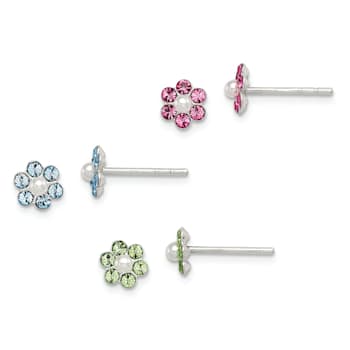 Sterling Silver Crystal and Imitation Pearl Flower Post Earring Set