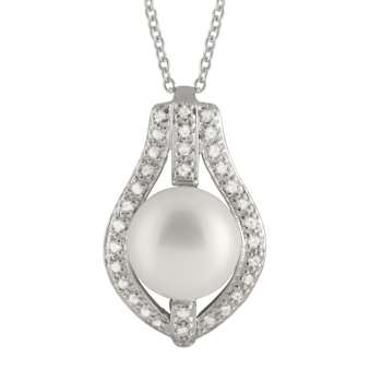 10-11mm Button White Cultured Freshwater Pearl and CZ Rhodium Over
Sterling Silver Pendant