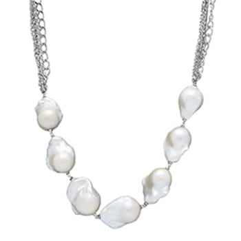 12-16mm Baroque White Freshwater Pearl Sterling Silver Multi-Row Chain Necklace