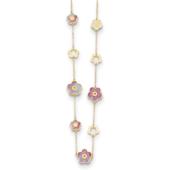 14K Yellow Gold Burgundy and White Mother of Pearl Flower 18 Inch Necklace