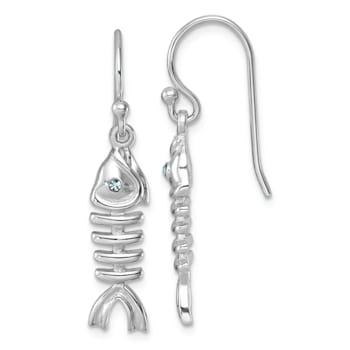 Rhodium Over Sterling Silver Polished Crystal Eye Bonefish Dangle Earrings