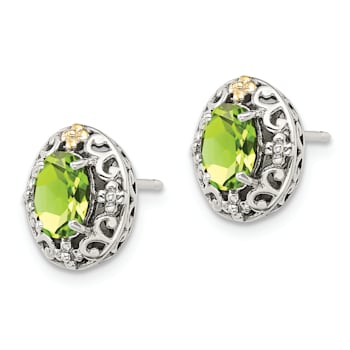 Sterling Silver with 14K Accent Antiqued Peridot Post Earrings