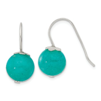 Sterling Silver Polished 10mm Round Teal Jadeite Dangle Earrings