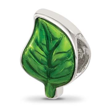Sterling Silver Enamel Green Leaf Bead
