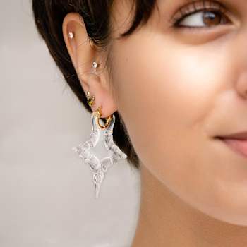 14K Yellow Gold Over Sterling Silver Star Bamboo Acrylic Hoop Earrings