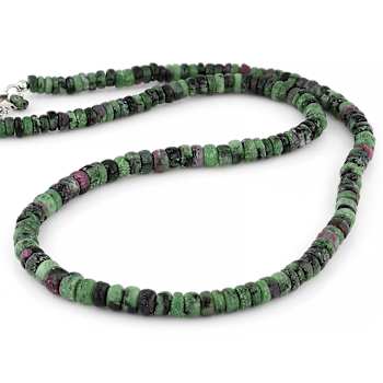 Ruby Zoisite Rondelle Beaded Necklace In Sterling Silver