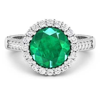 Round Green Emerald and Diamond 14K White Gold Halo Ring 3.29 ctw