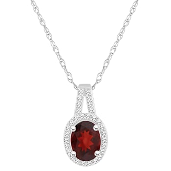 8x6mm Oval Garnet 1/7 ctw Diamond Rhodium Over Sterling Silver Halo
Pendant with Chain