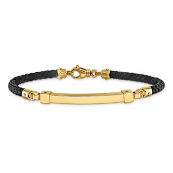 14K Yellow Gold Polished Bar Leather Bracelet