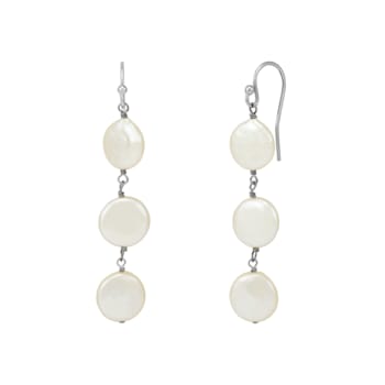 9-11mm Coin Shape White Freshwater Pearl Sterling Silver Dangle Earrings