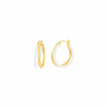 14K Yellow Gold Over Sterling Silver Double Hoop Enamel Earrings in White