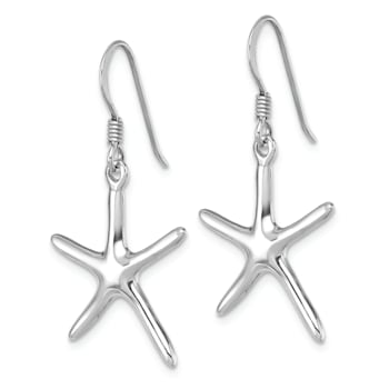Rhodium Over Sterling Silver Polished Starfish Dangle Earrings