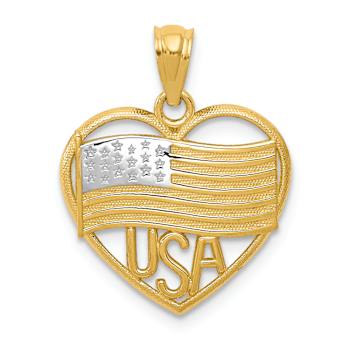 14K Two-tone Gold  Textured American Flag USA in Heart Pendant