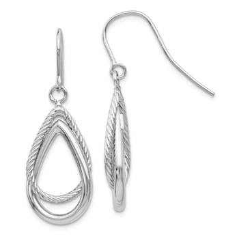 Rhodium Over 14k White Gold Polished and Textured Teardrop Dangle Earrings