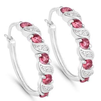 Pink Tourmaline and White Topaz Sterling Silver Hoop Earrings
