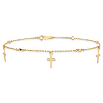 10k Yellow Gold Polished and Textured Cross Charm Cable Link Anklet