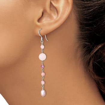 Sterling Silver Pink Freshwater Pearl, Red and Rose Quartz, Pink Jadeite
and Thulite Dangle Earrings