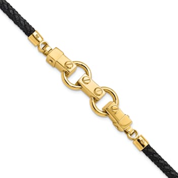 14k Yellow Gold Polished Fancy Link Leather Bracelet