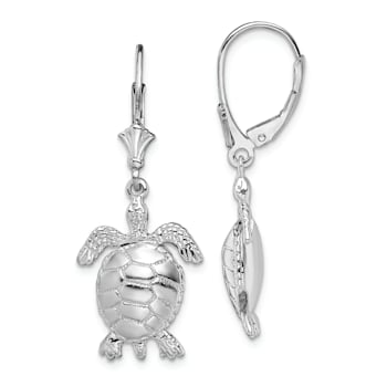 Rhodium Over Sterling Silver 3D Moveable Turtle Leverback Earrings