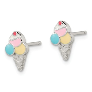 Rhodium Over Sterling Silver Enamel Ice Cream Cone Post Earrings