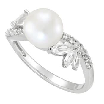 8mm Button White Freshwater Pearl and White Sapphire Sterling Silver Ring