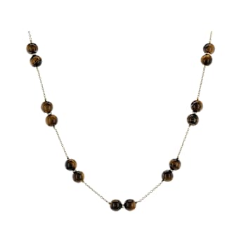 Tiger Eye Round Station Necklace In 18K Gold Over Sterling Silver 7.5-8.5mm