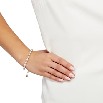 White Freshwater Pearl and Metal Bead 14K Yellow Gold Over Sterling
Silver Bolo Bracelet