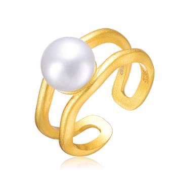 Pear Shape Freshwater Pearl Open Cuff Ring In 14K Gold Over Sterling Silver